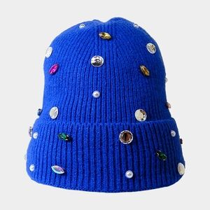 Blue Pearl Crystal Style Winter Beanie Hat Fleece Statement Fashion Accessory